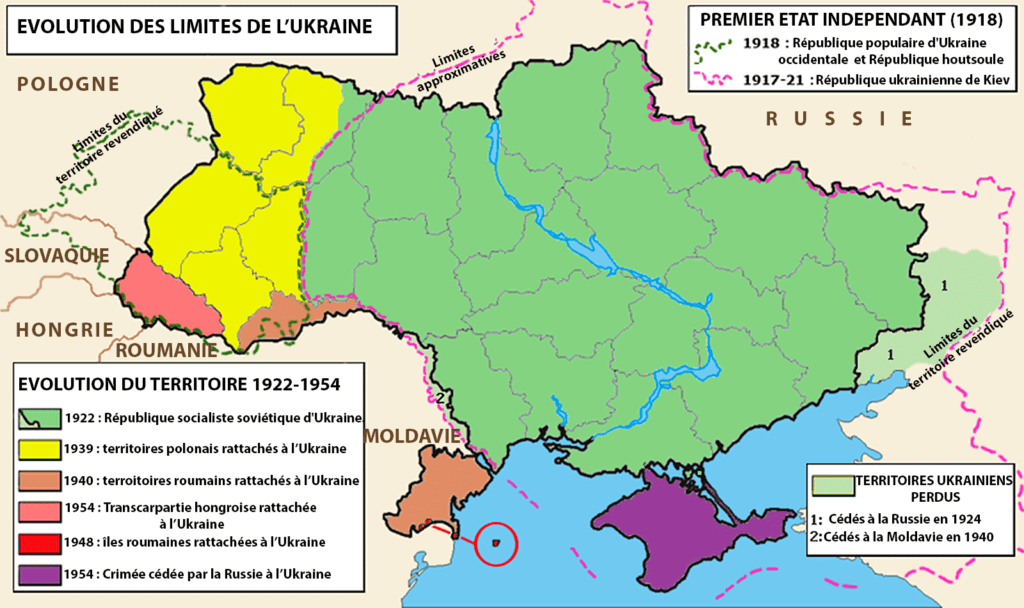 Évolution des frontières de l'Ukraine au XXème siècle - Wikimedia Commons.